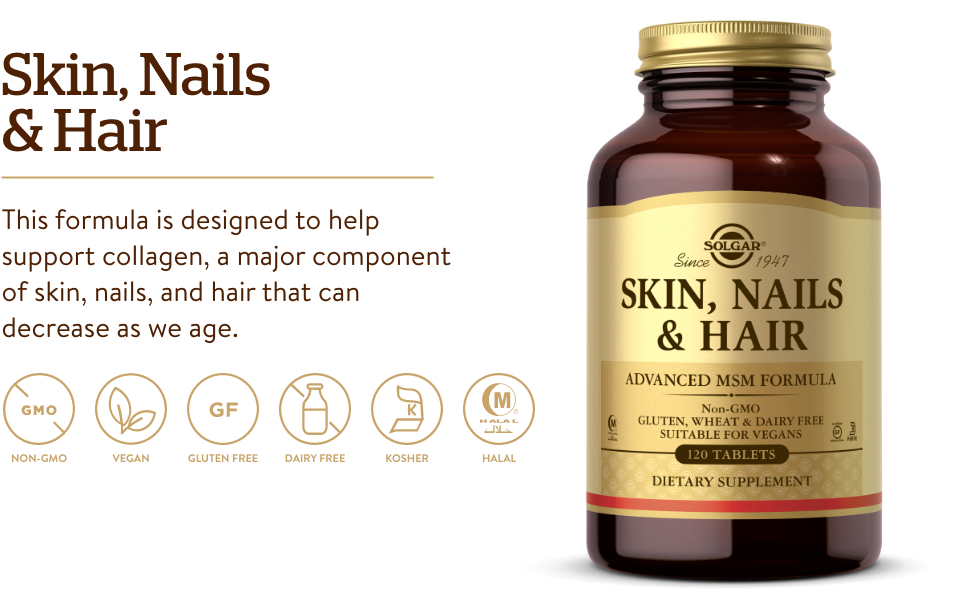 Solgar Skin, Nails & Hair - 120 Tablets- Advanced MSM Formula - Non-GMO, Vegan, Gluten & Dairy Free - Total of 120 Servings