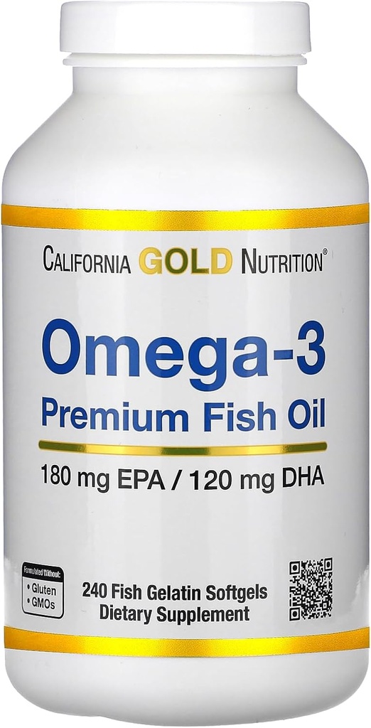 Omega-3 Premium Fish Oil by California Gold Nutrition, Concentrated Formula with EPA & DHA, Support for Optimal Lipid Profile & Immune System, Gluten Free, Non-GMO, 240 Fish Gelatin Softgels