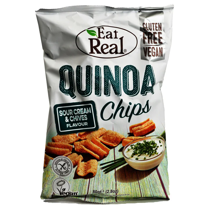 Gluten-free quinoa chips with sour cream and chives flavor