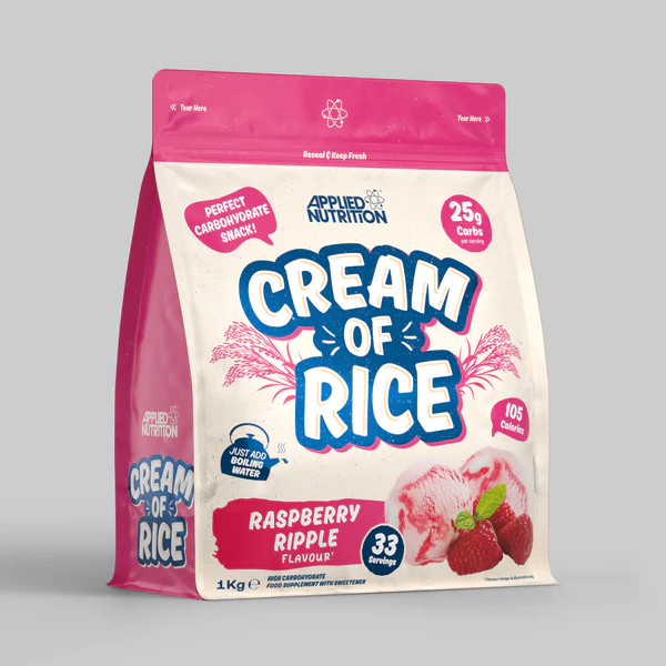 Applied Nutrition Cream of Rice - High Carbohydrate Cream of Rice Supplement, Source of Energy for Breakfast & Snacks, Easy to Digest, Low Sugar, Low Fat, Vegan, 1kg (RASPBERRY RIPPLE)