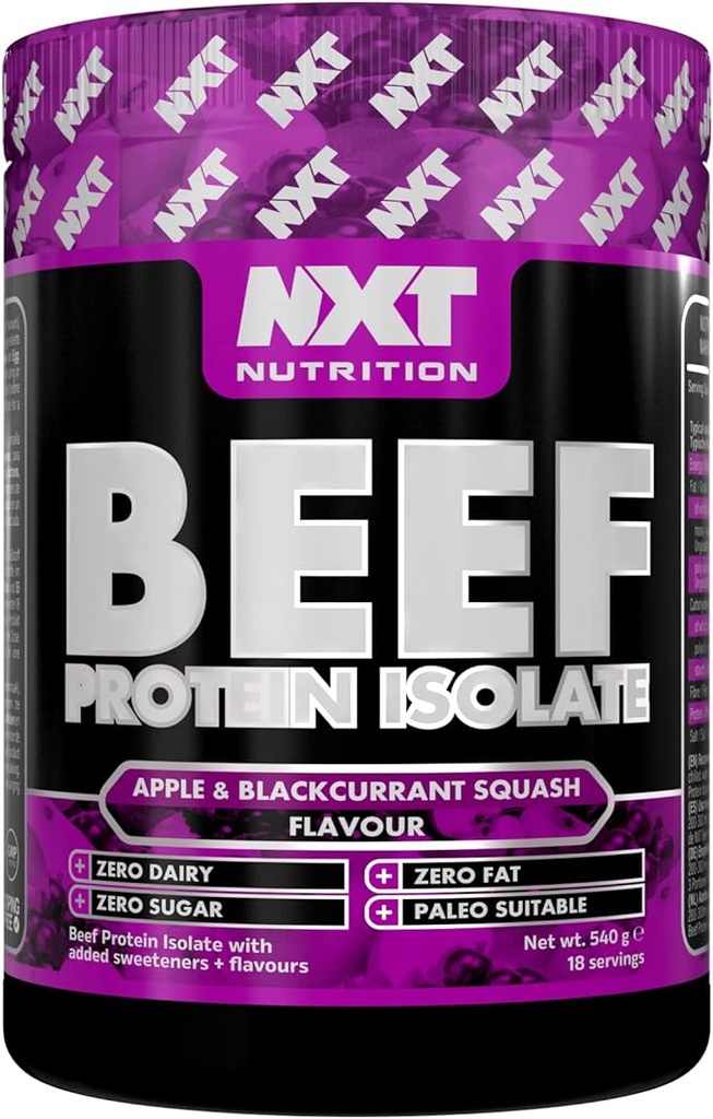 NXT Nutrition Beef Protein Isolate Powder, Halal. Lactose, Dairy, Gluten, and Soy Free - 540g APPLE & BLACKCURRANT Flavor