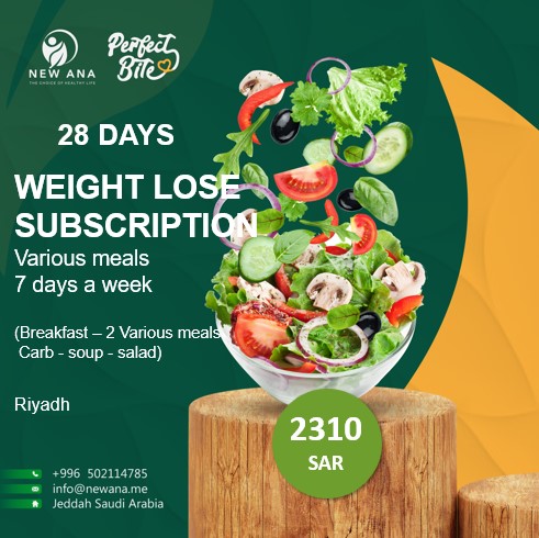 Weight Lose subscription for 28 days, 7 days a week, Various meals (breakfast +2 Various meals, 100g protein and 100g carbs + salad + soup)