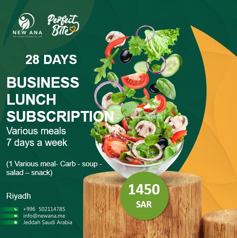 Business Lunch subscription for 28 days, 7 days a week, Various meals (1 meal, 150g protein and 150g carbs + salad + soup + snack)