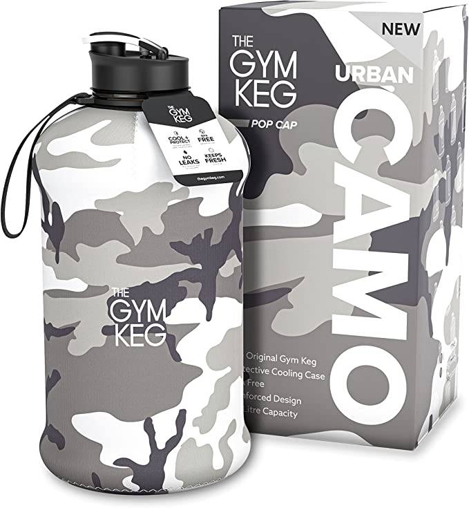 GymKeg Large Sports Water Bottle 2.2L Grey Camouflage