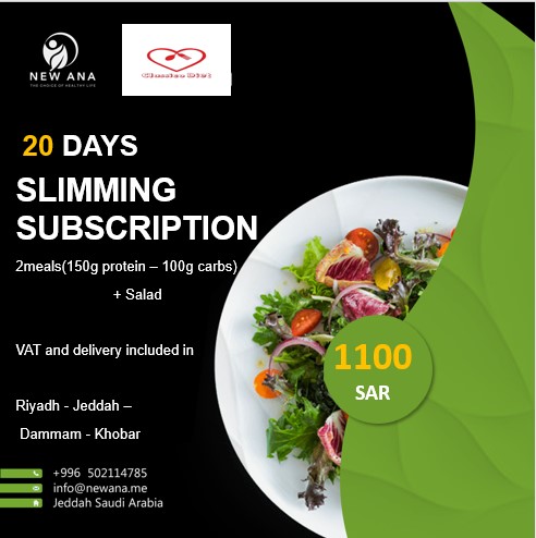 Slimming Diet Subscription/ 20 days 2 main meals (150g protein + 100g carb) + Salad - including delivery