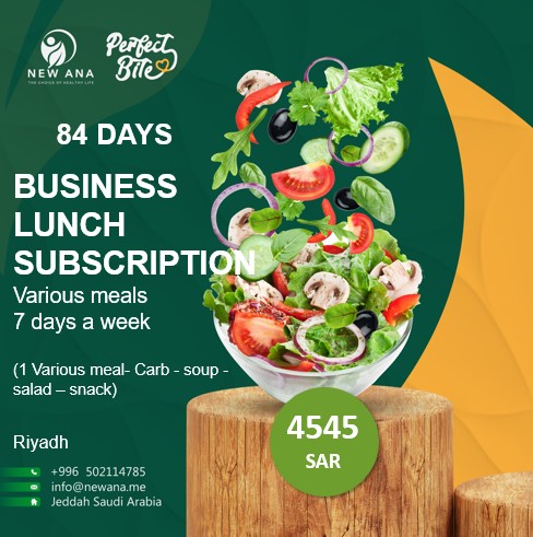 Business Lunch subscription for 84 days, 7 days a week, Various meals (1 meal, 150g protein and 150g carbs + salad + soup + snack)