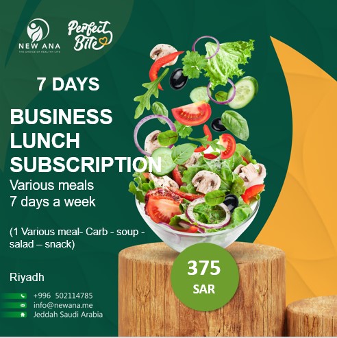 Business Lunch subscription for 7 days, 7 days a week, Various meals (1 meal, 150g protein and 150g carbs + salad + soup + snack)